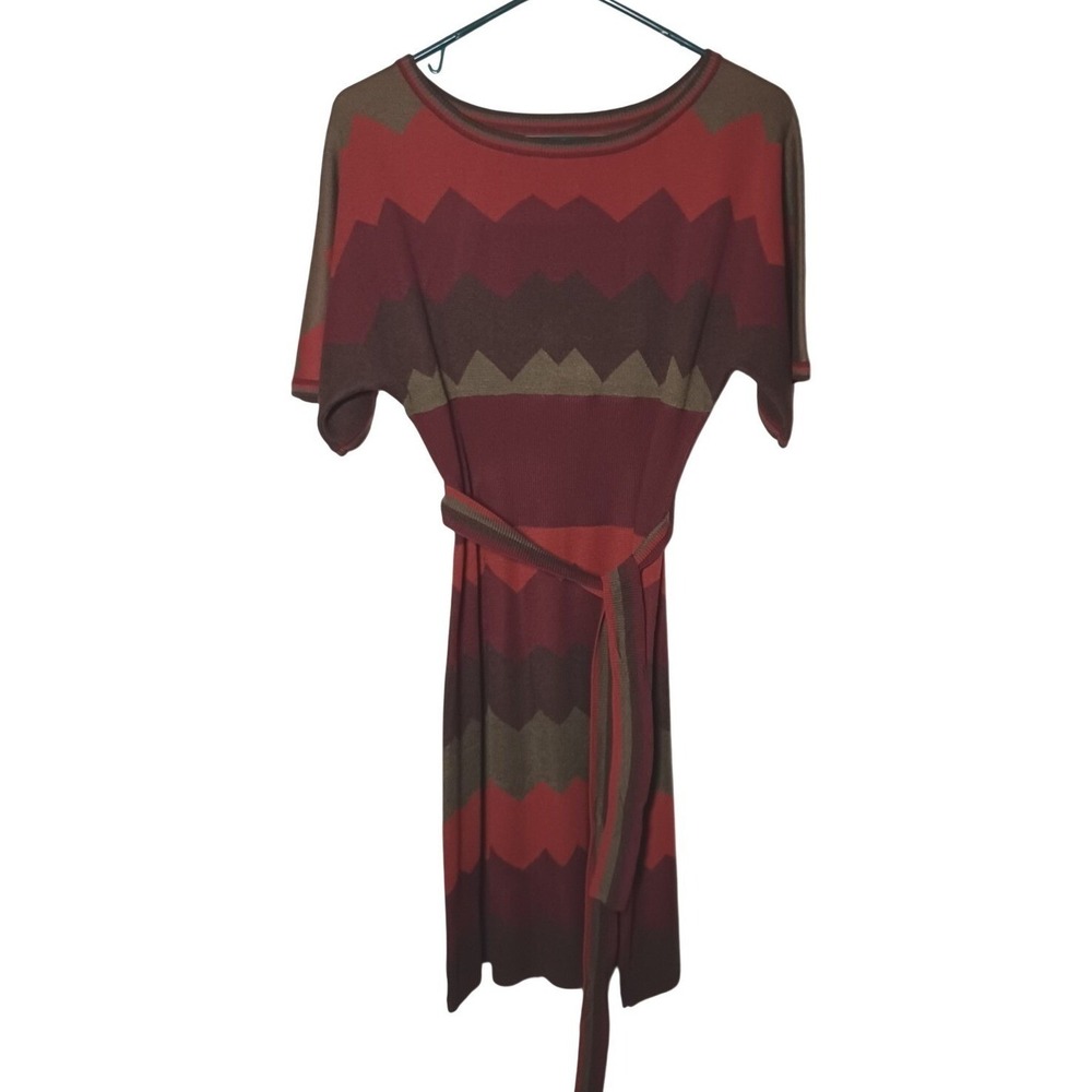 Dressbarn Sweater Dress Fall Autumn Colors Chevron Pattern with Tie Belt Size S